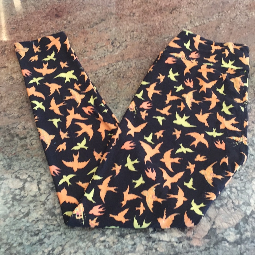 LuLaRoe Black Leggings with Orange and Yellow Bird Pattern